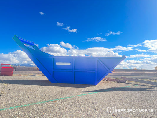 A blue 5 cubic yard bedding box for sale by Bear Iron Works.